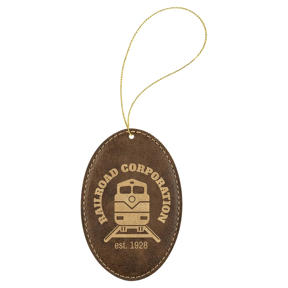 Rustic/Gold Laserable Leatherette Oval Ornament with Gold String