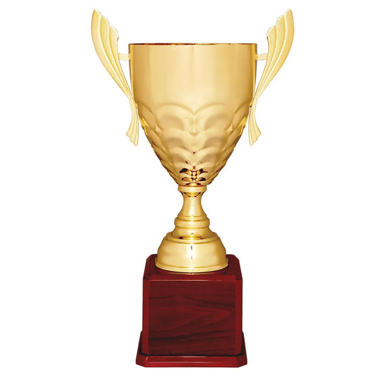 Gold Completed Metal Cup Trophy on Rosewood Royal 25 1/4" Piano Finish Base