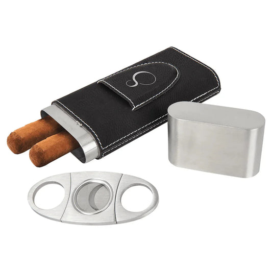 Black/Silver Laserable Leatherette Cigar Case with Cutter