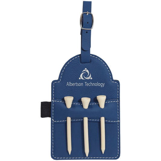 Blue/Silver 5" x 3 1/4" Laserable Leatherette Golf Bag Tag with 3 Wooden Tees