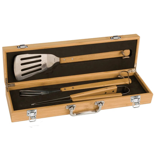 3-Piece Bamboo BBQ Set in Bamboo Case — Custom Branded | Personalized