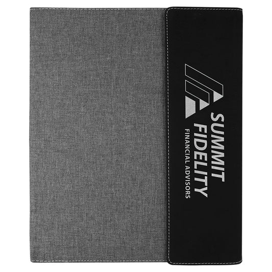 Black/Silver Laserable Leatherette / Gray 9 1/2"x12" Canvas Portfolio w/Notepad