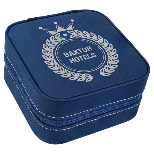 Blue/Silver 4" X 4" Leatherette Travel Jewelry Box with Tan Lining