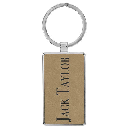 Light Brown 2 3/4" x 1 1/4" Laserable Leatherette/Metal Rectangle Keychain