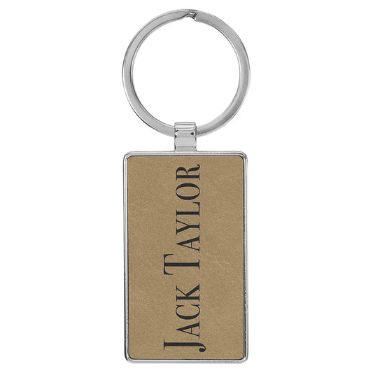 Light Brown 2 3/4" x 1 1/4" Laserable Leatherette/Metal Rectangle Keychain