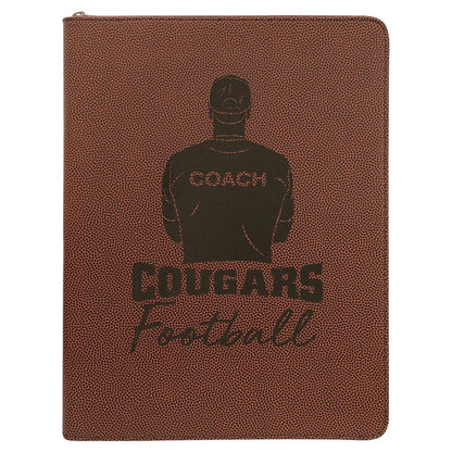 Football 9 1/2" x 12" w/ Zipper Laserable Leatherette Portfolio with Notepad