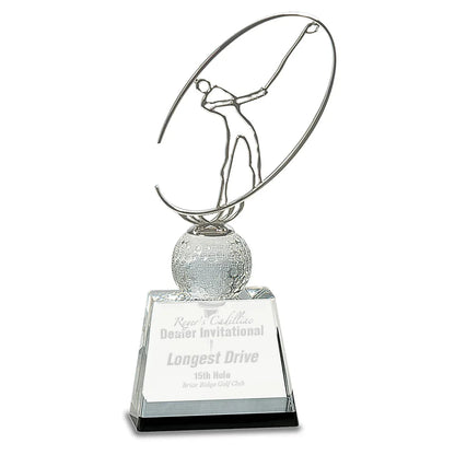 10" Clear/Black Crystal Golf Award with Silver Metal Oval Figure