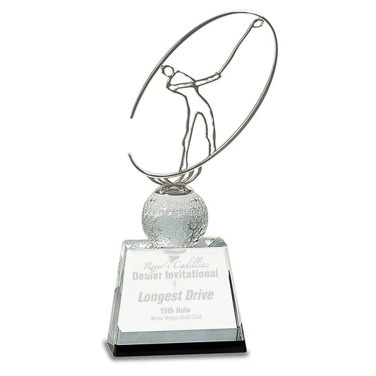 10" Clear/Black Crystal Golf Award with Silver Metal Oval Figure