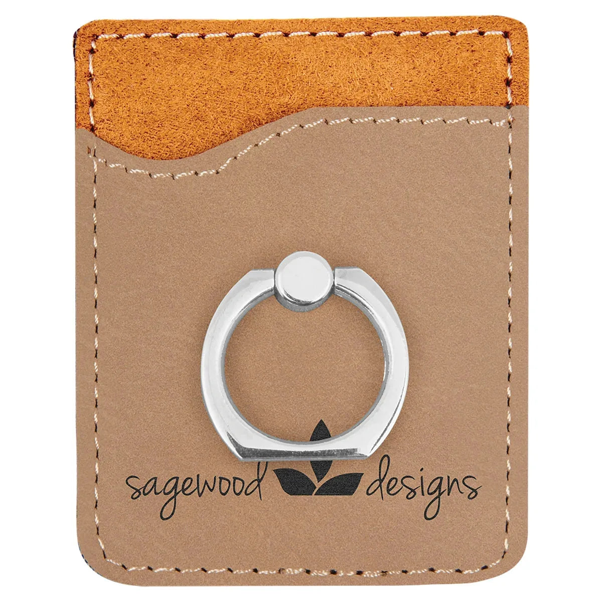 Light Brown Laserable Leatherette Phone Wallet with Silver Phone Wallet with Silver Ring