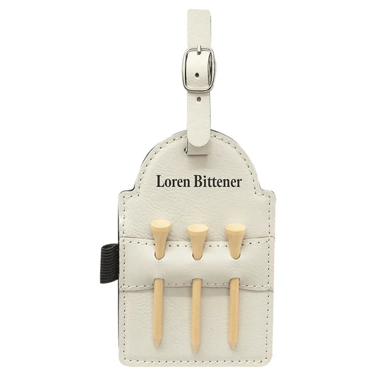 White 5" x 3 1/4" Laserable Leatherette Golf Bag Tag with 3 Wooden Tees
