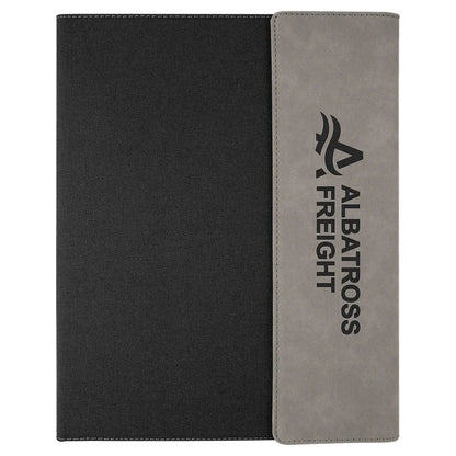 9 1/2" x 12" Gray Laserable Leatherette / Black Canvas Portfolio w / Notepad