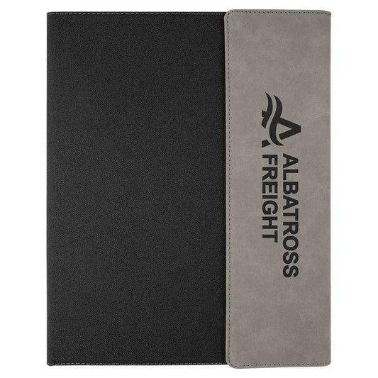 9 1/2" x 12" Gray Laserable Leatherette / Black Canvas Portfolio w / Notepad