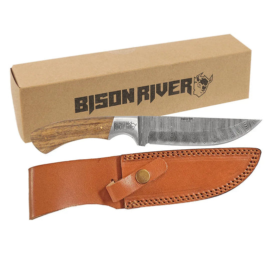 Bison River 9 1/2" Fixed Blade Wood Knife with Damascus Steel Blade and Leather Sheath