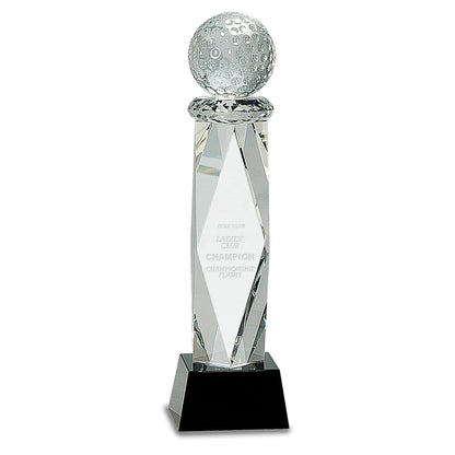 10 3/4" Clear Crystal Golf Ball on Facet Column w/Black Base