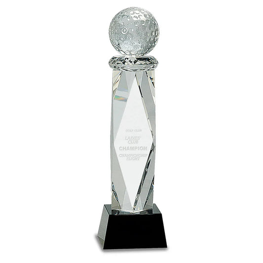 10 3/4" Clear Crystal Golf Ball on Facet Column w/Black Base