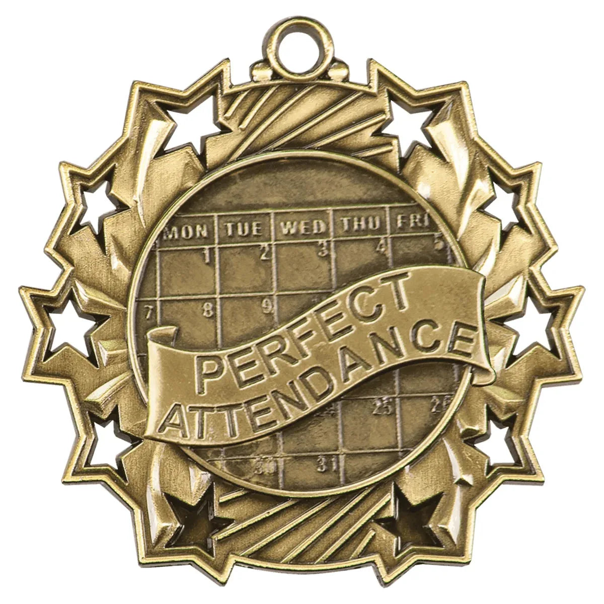Antique Gold 2 1/4" Perfect Attendance Ten Star Medal