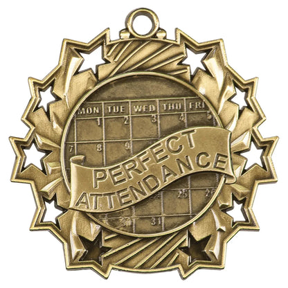 Antique Gold 2 1/4" Perfect Attendance Ten Star Medal