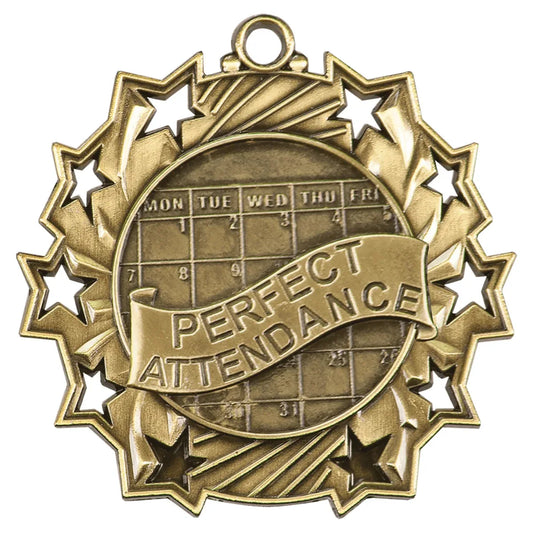 Antique Gold 2 1/4" Perfect Attendance Ten Star Medal
