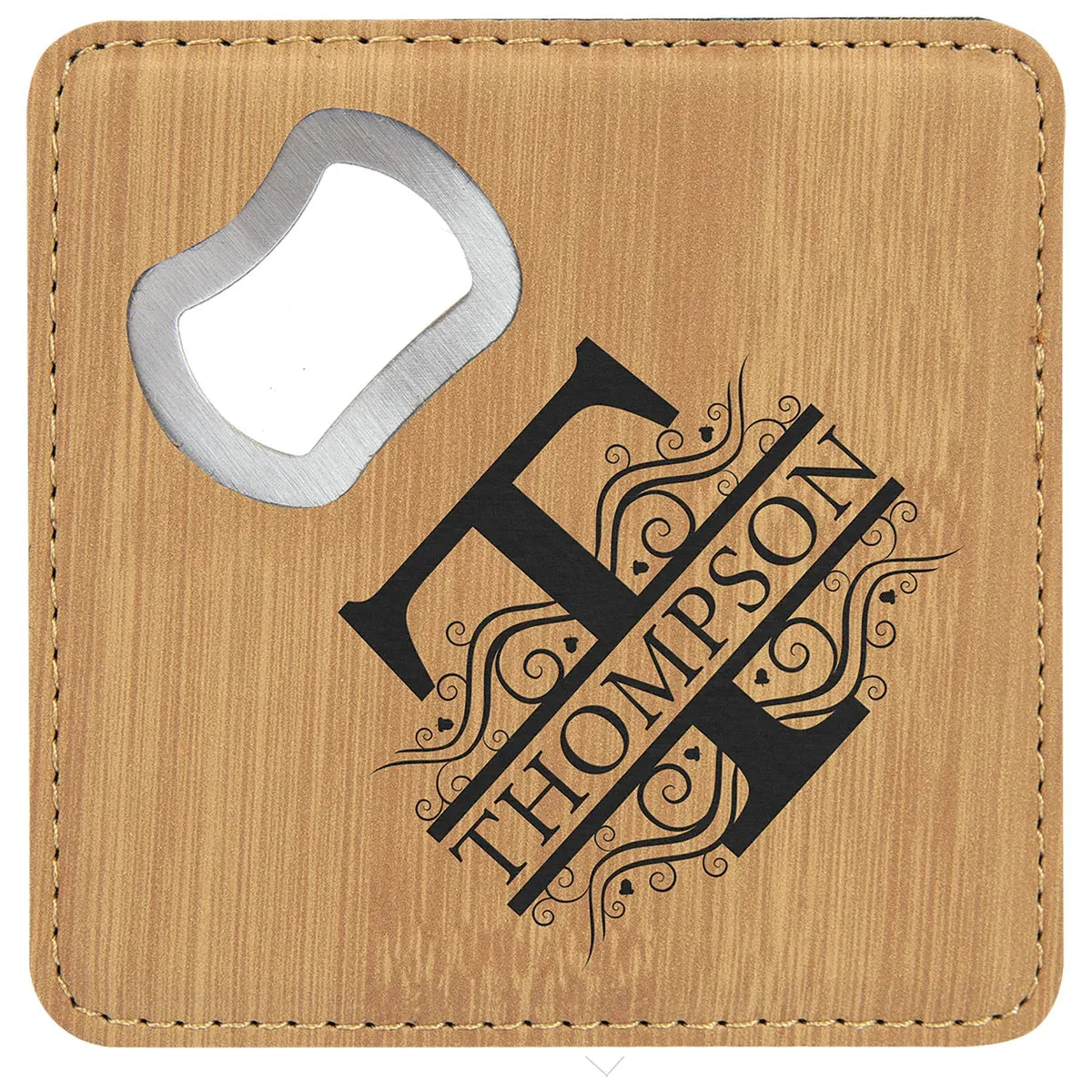 Bamboo 4" x 4" Square Laserable Leatherette Coaster with Bottle Opener