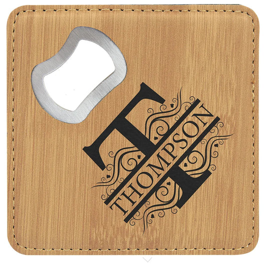 Bamboo 4" x 4" Square Laserable Leatherette Coaster with Bottle Opener