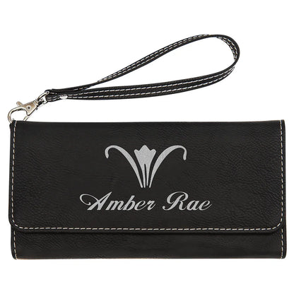 Black/Silver 7 1/2" x 4" Laserable Leatherette Wallet with Strap