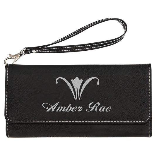 Black/Silver 7 1/2" x 4" Laserable Leatherette Wallet with Strap