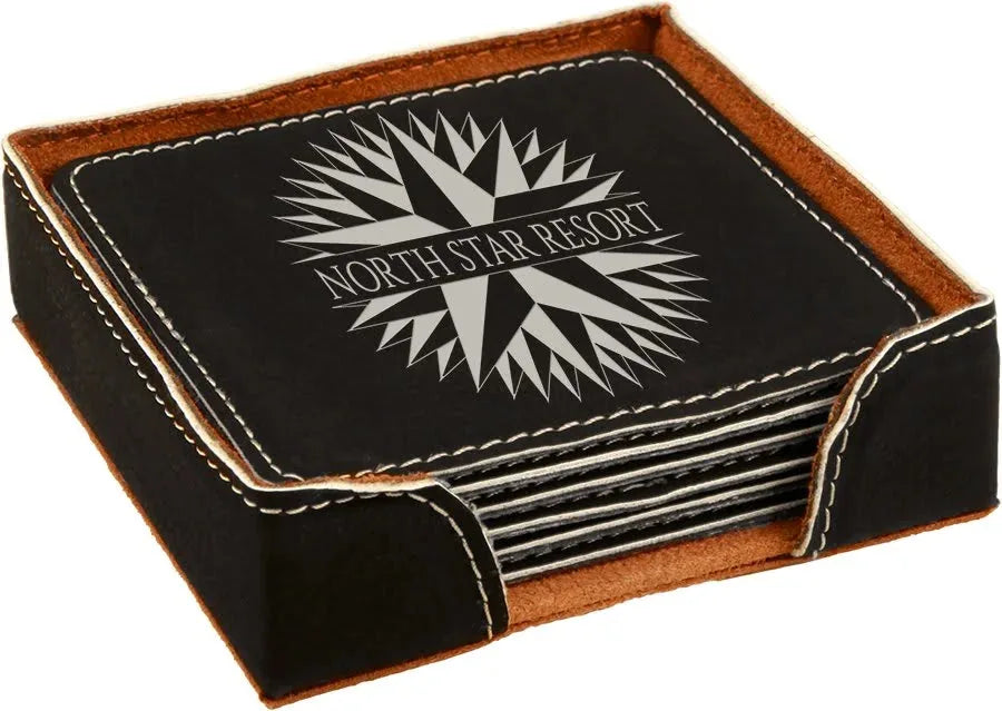 Black/Silver 4" x 4" Square Laserable Leatherette 6-Coaster Set