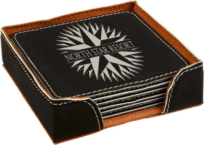 Black/Silver 4" x 4" Square Laserable Leatherette 6-Coaster Set