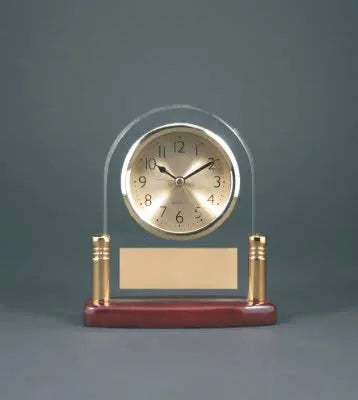 6 1/2" Arch Glass Desk Clock with Metal Posts & Rosewood Piano Finish