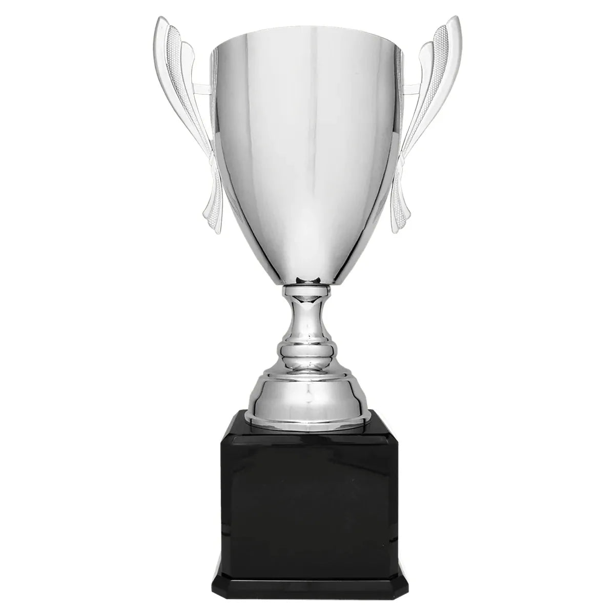 Silver Completed Metal Cup Trophy on Black Royal 2 24 3/4" Piano Finish Base