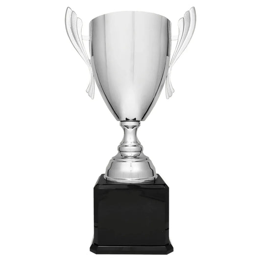Silver Completed Metal Cup Trophy on Black Royal 2 24 3/4" Piano Finish Base