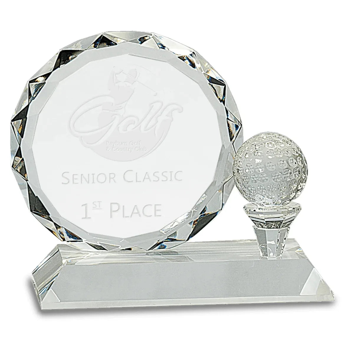 5 1/4" Round Facet Crystal with Golf Ball on Clear Pedestal Base