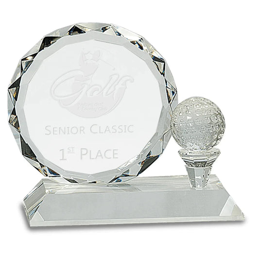 5 1/4" Round Facet Crystal with Golf Ball on Clear Pedestal Base