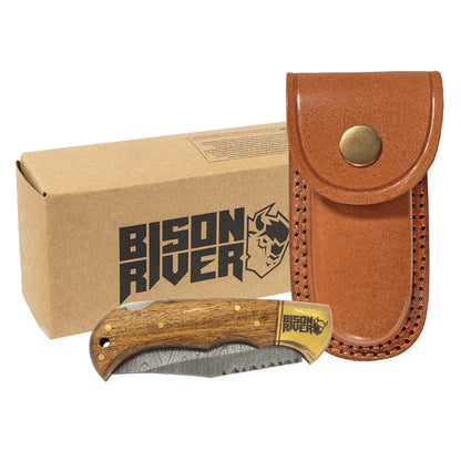 Bison River 3 3/4" Wood Folding Knife with Damascus Steel Blade and Leather Sheath