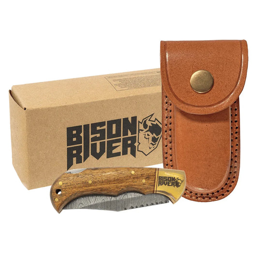 Bison River 3 3/4" Wood Folding Knife with Damascus Steel Blade and Leather Sheath