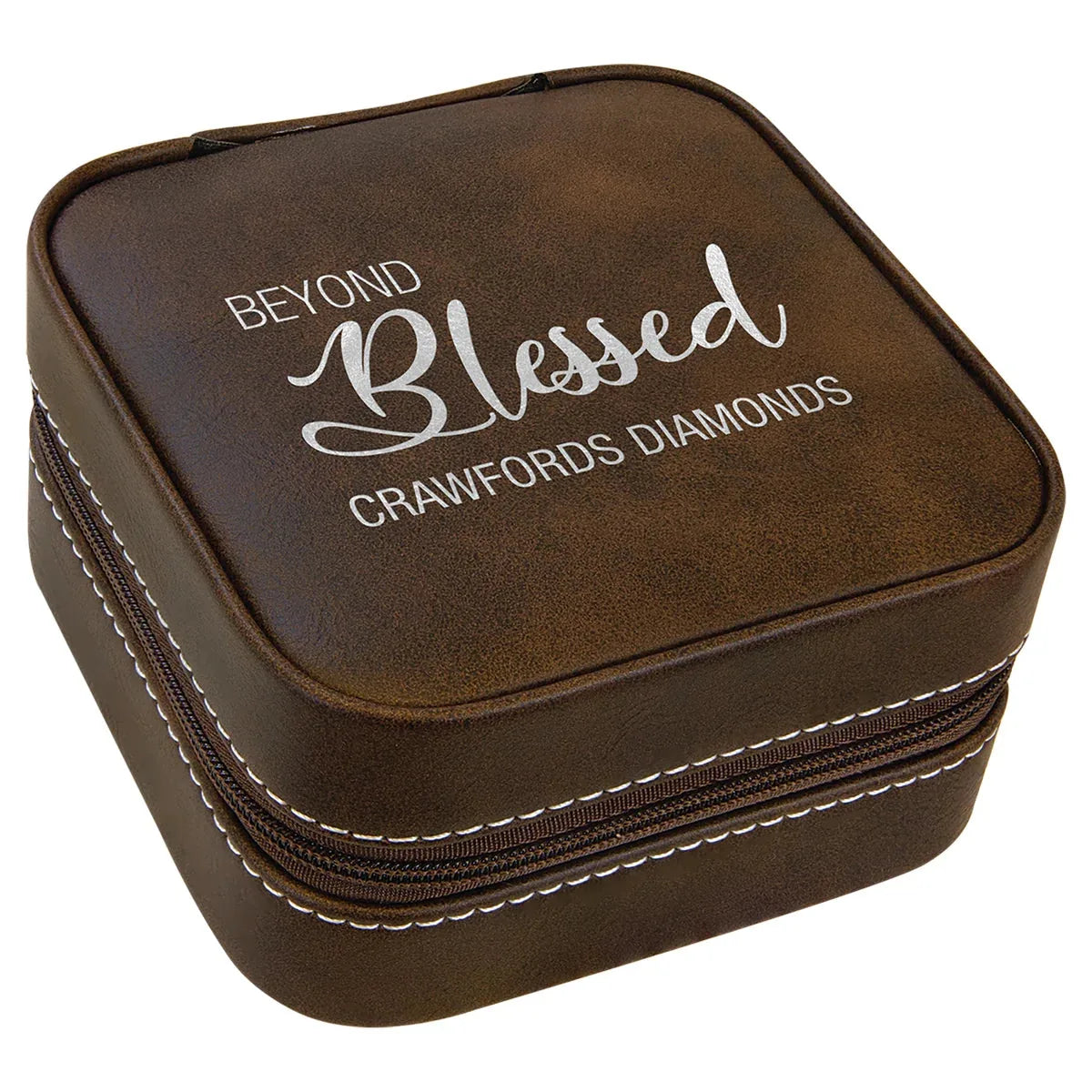 Rustic/Silver 4" X 4" Leatherette Travel Jewelry Box with Tan Lining