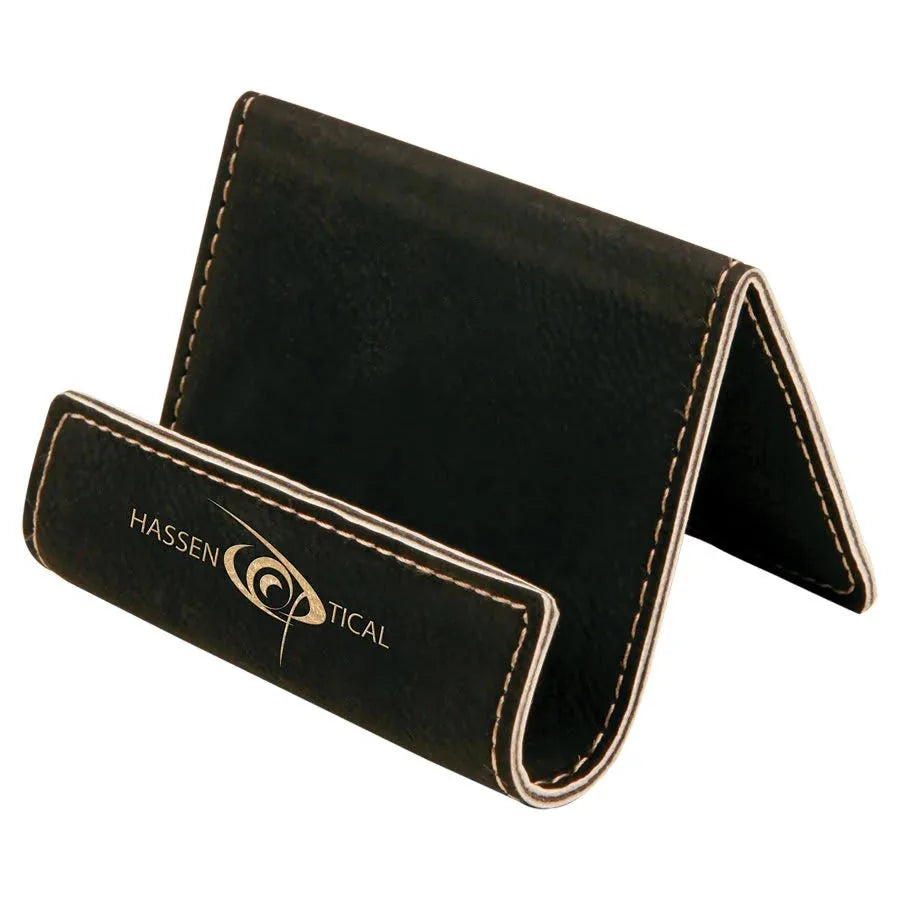 Black/Gold 3 1/2" x 2 1/2" Laserable Leatherette Holder Easel