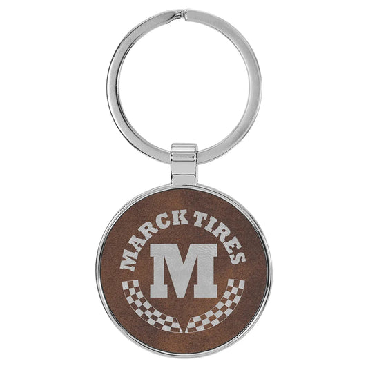 Rustic/Silver 1 1/2" Laserable Leatherette/Metal Round Keychain