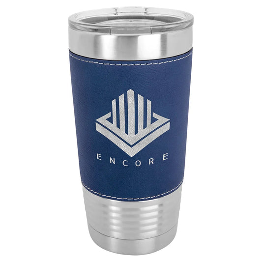 Blue/Silver Polar Camel 20 oz. Laserable Leatherette Tumbler with Clear Lid