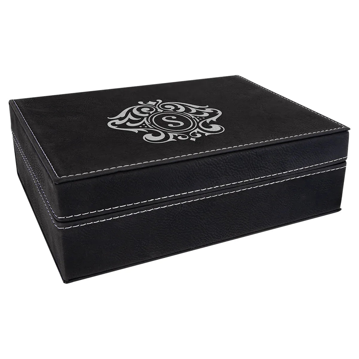 Black/Silver 8" x 6 3/8" Laserable Leatherette Premium Gift Box