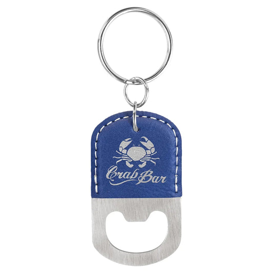 Blue/Silver Oval Laserable Leatherette Bottle Opener Keychain