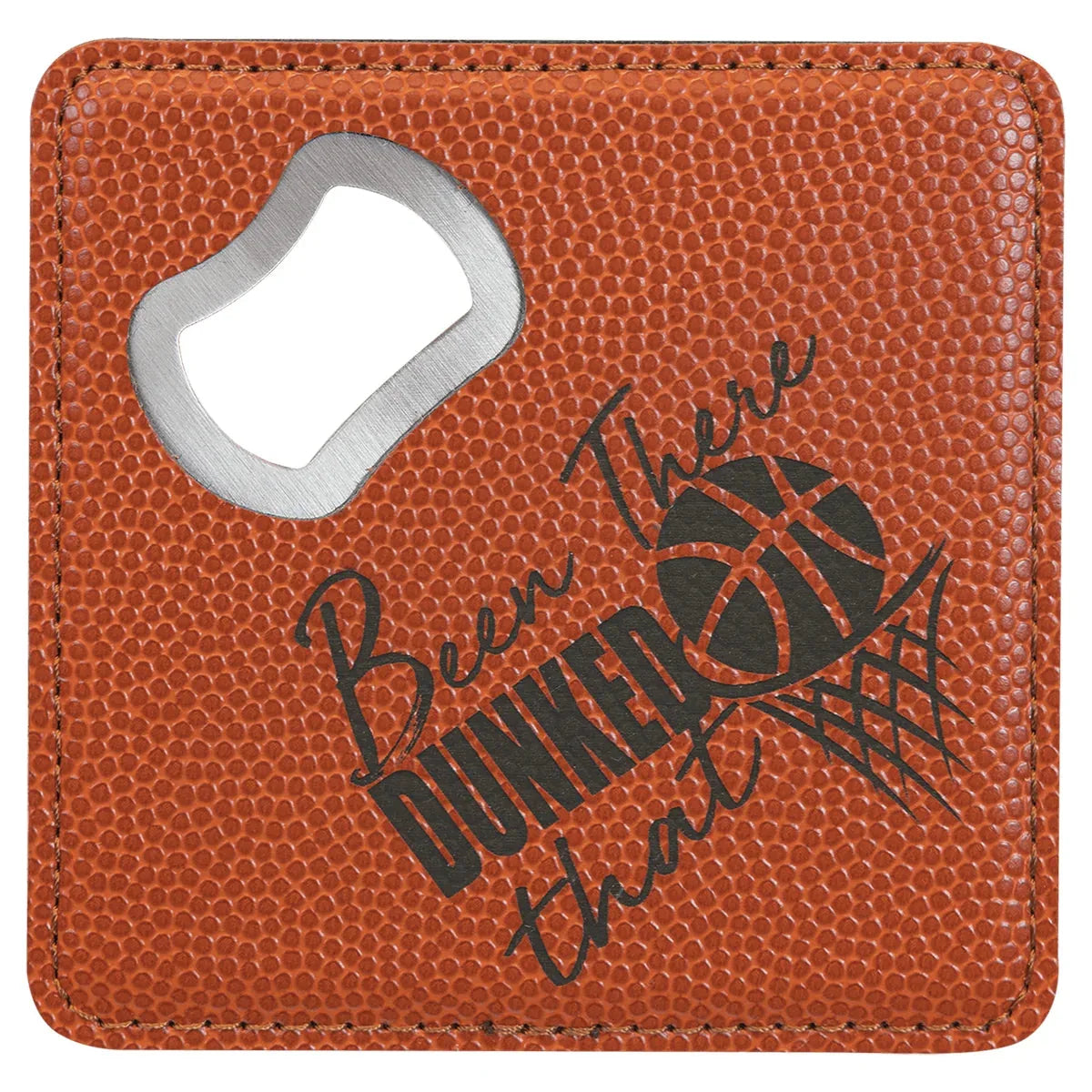 Basketball 4" x 4" Square Laserable Leatherette Coaster with Bottle Opener