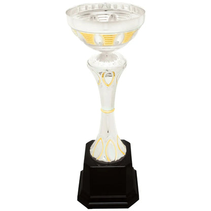 Silver/Gold 2 10 3/4" Completed Metal Cup Trophy on Plastic Base