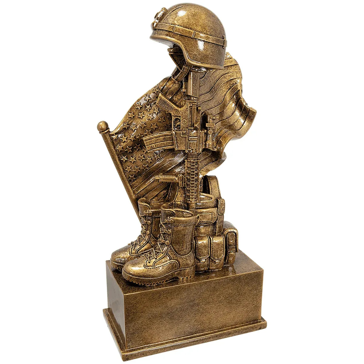 8 3/4" Antique Gold Military Resin Helmet on Rifle with Flag and Boot
