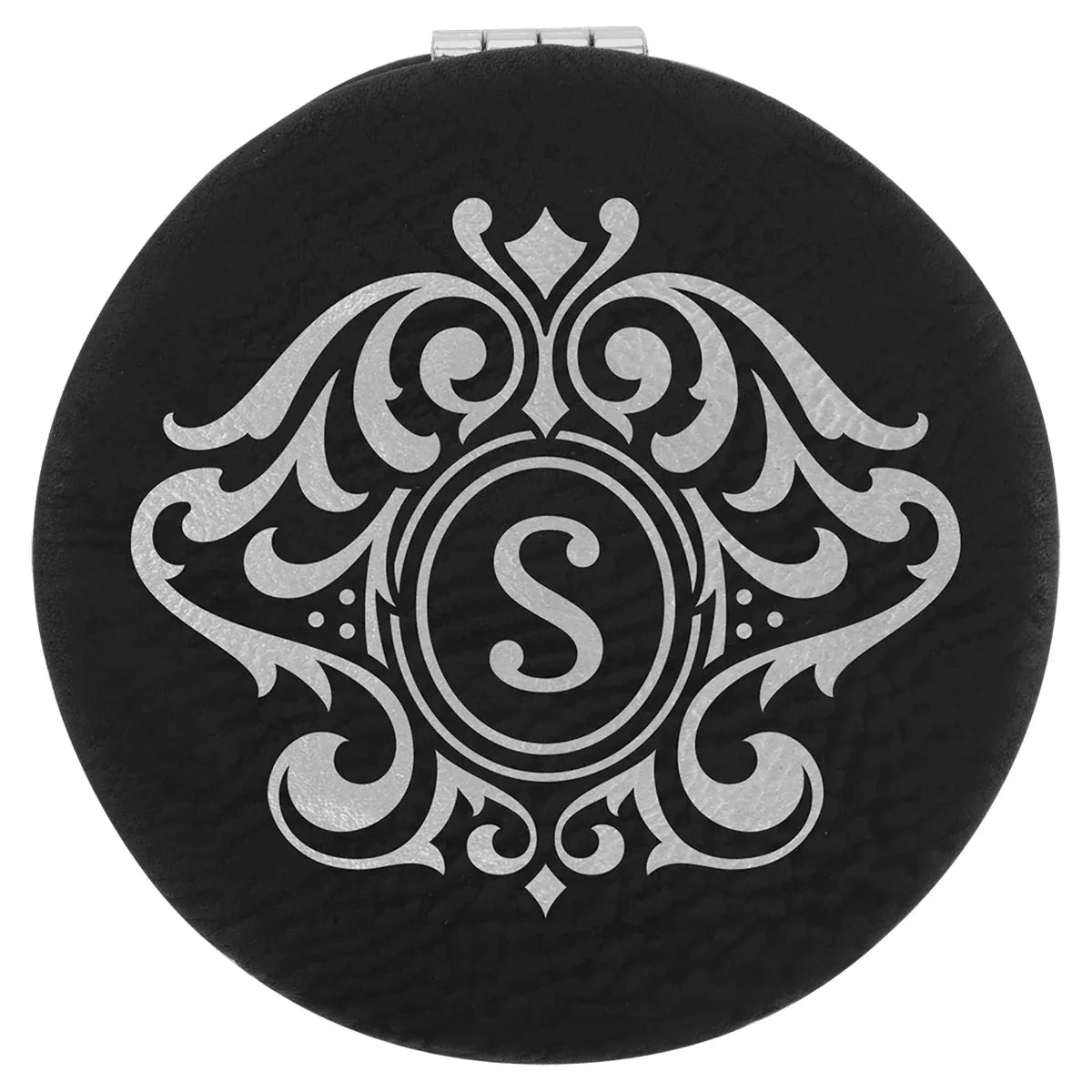 Black/Silver 2 1/2" Laserable Leatherette Compact Mirror