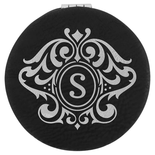 Black/Silver 2 1/2" Laserable Leatherette Compact Mirror