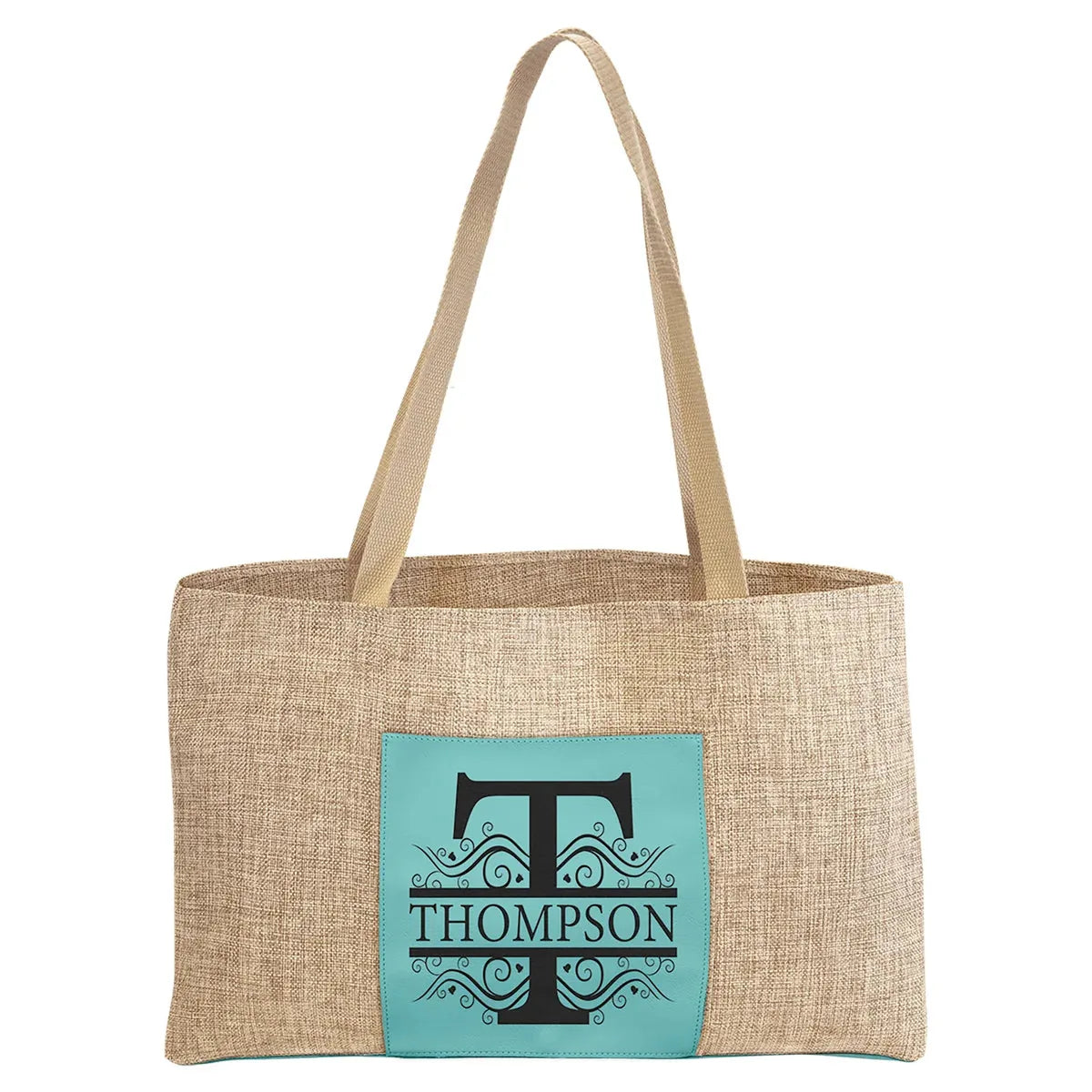 Teal 19" x 12" Burlap Bag with 5" Laserable Leatherette Gusset
