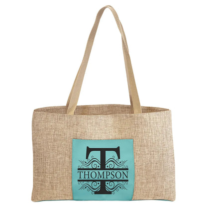 Teal 19" x 12" Burlap Bag with 5" Laserable Leatherette Gusset