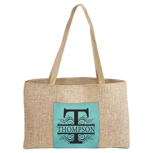 Teal 19" x 12" Burlap Bag with 5" Laserable Leatherette Gusset