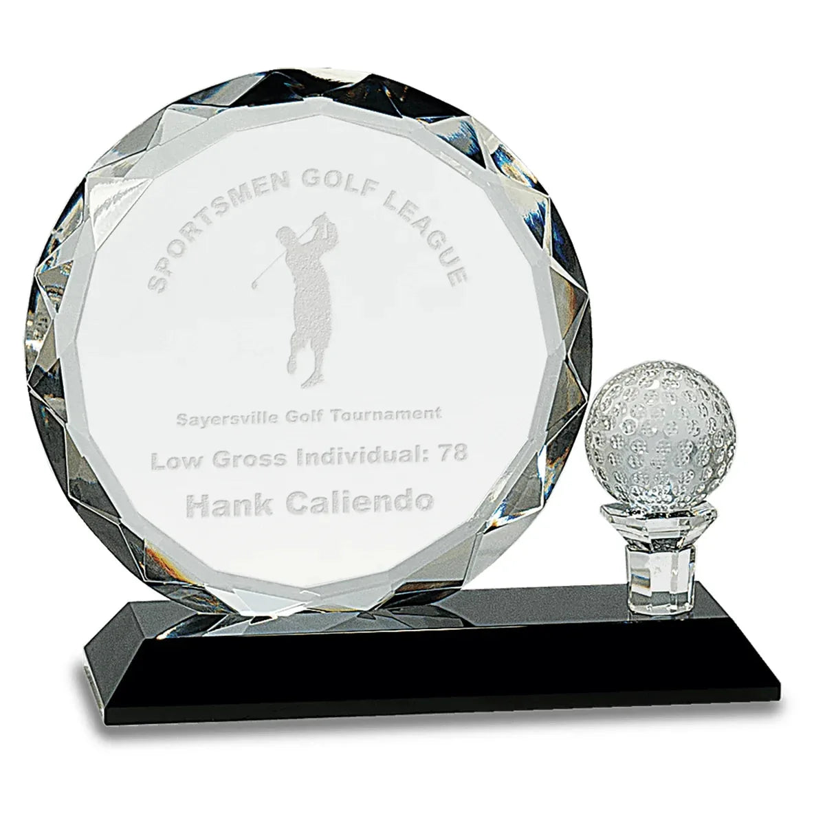 6 1/2" Round Facet Crystal with Golf Ball on Black Pedestal Base